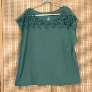 St John's Bay Womens 2X Top Army Green Battenburg Lace Cottagecore Floral Boho